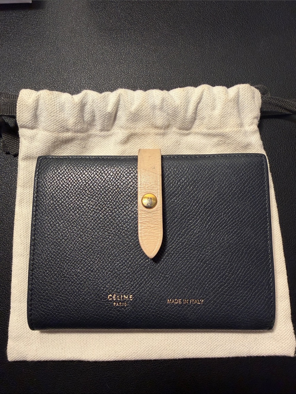 Celine Medium Strap Wallet In Bicolour Navy & Burgundy Calfskin